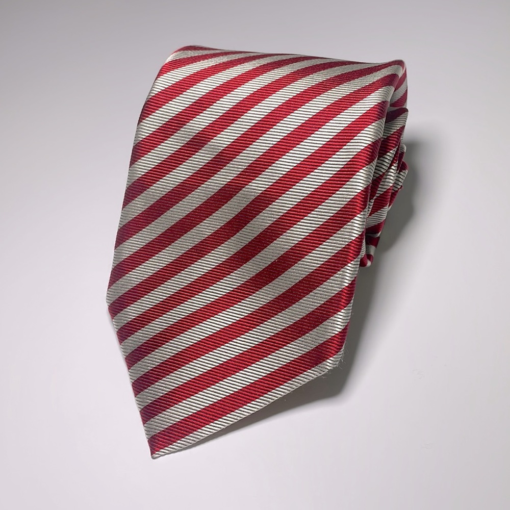 Riccardo Francelli mens red silver stripe seven-fold 100% silk luxury tie EUC